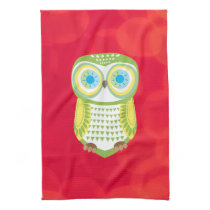 Green Owl Red Background Kitchen Towel