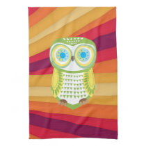 Green Owl Red Orange Background Kitchen Towel