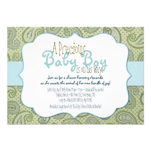 Green Paisley Baby Boy Shower Invitation (front side)