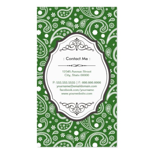 Green Paisley Tribal Vintage Abstract Pattern Business Cards (back side)