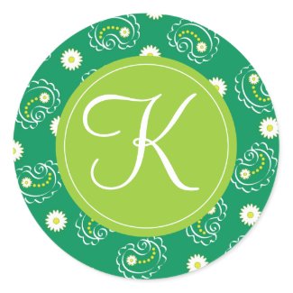Green paisley with "K" monogram Round Stickers