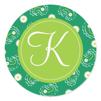 Green paisley with "K" monogram Round Stickers