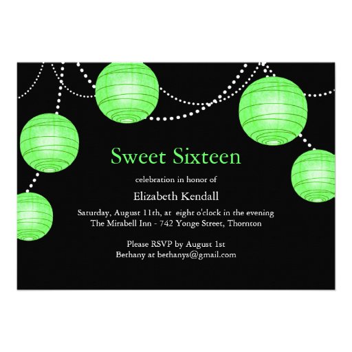 Green Party Lantern Sweet 16 Birthday Invitation