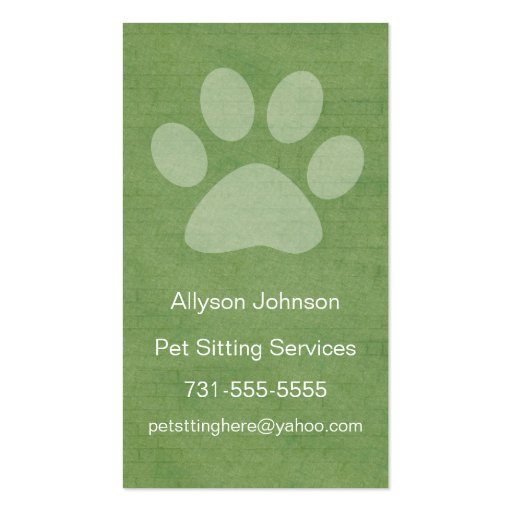 Green Paw Print Pet Sitting Business Cards (front side)
