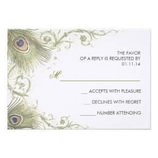green peacock feathers vintage wedding RSVP cards