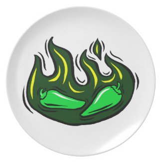 green peppers in green flame graphic dinner plate