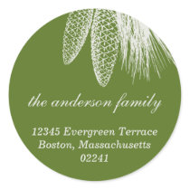 Green pine cones Christmas holiday address label Round Sticker
