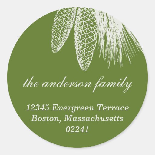 Green pine cones Christmas holiday address label Round Sticker