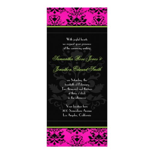 Green Pink and Black Damask Slim Wedding Invite