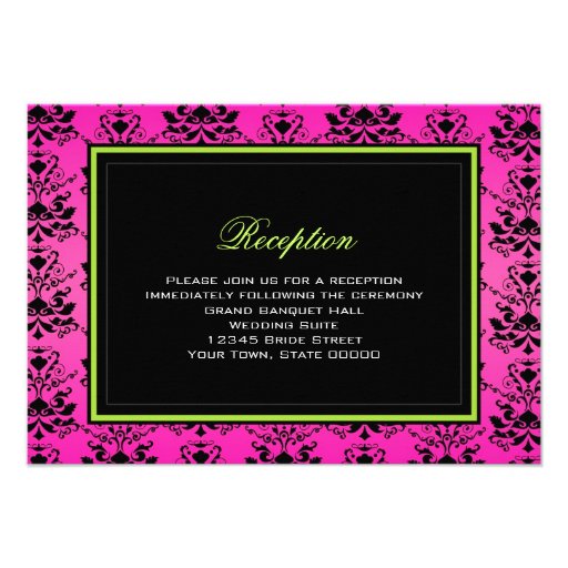 Green Pink and Black Damask Wedding Reception Card