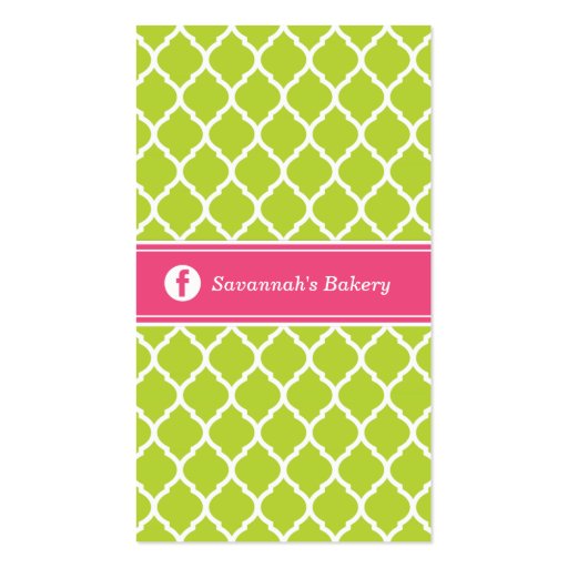 Green & Pink Chic Moroccan Lattice Custom Monogram Business Card Template (back side)