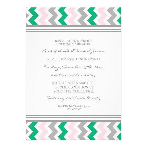 Green Pink Grey Chevron Rehearsal Dinner Party Invite