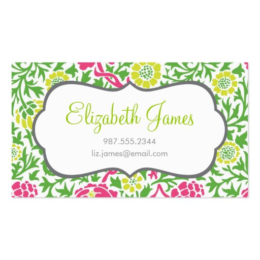Green & Pink Retro Floral Damask Business Card Templates (front side)