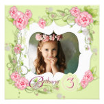 Green Pink Rose Girls Photo 3rd Birthday Party Personalized Invitations