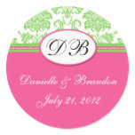 Green Pink Wedding Monogram Damask Seal Round Sticker