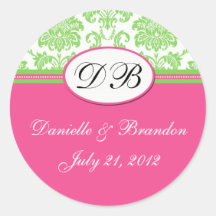 Green Pink Wedding Monogram Damask Seal Round Sticker