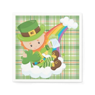 Green Plaid and Leprechauns Standard Cocktail Napkin