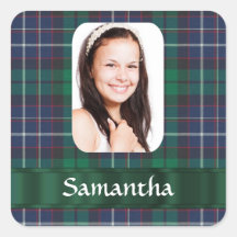 Green plaid photo template square sticker