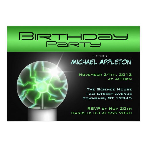 Green Plasma Ball Birthday Party Invitations