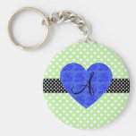 Green polka dots monogram blue roses keychain