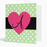Green polka dots monogram pink heart 3 ring binder