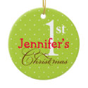 Green polka dots pink name cute baby first holiday ornament
