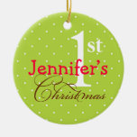 Green polka dots pink name cute baby first holiday christmas tree ornaments