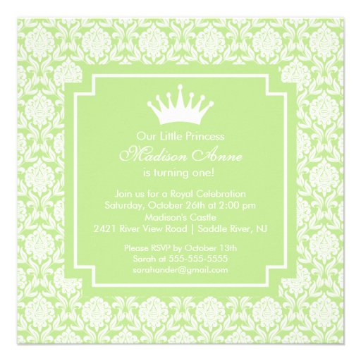 Green Princess Crown Birthday Party Invitation