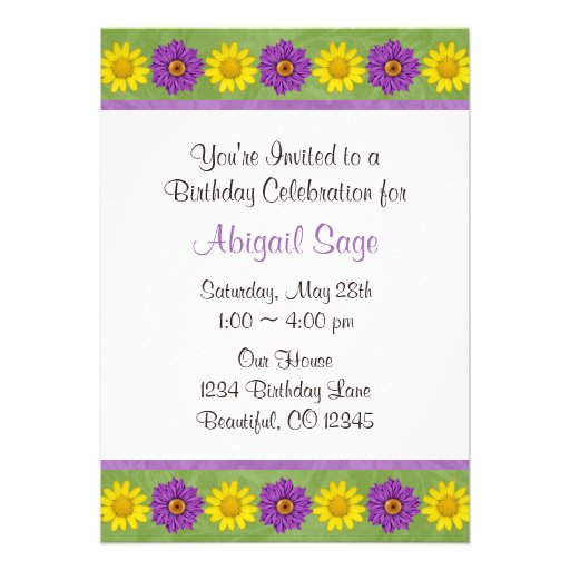 Green & Purple Daisy Flower Birthday Invitation