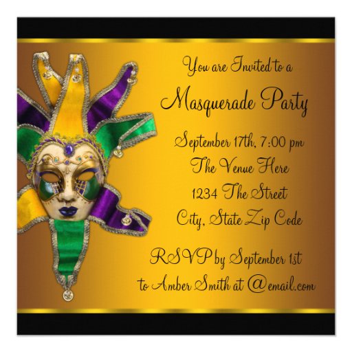 Green Purple Gold Masquerade Party Invitations