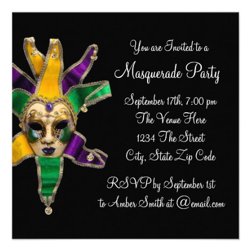 Green Purple Gold Masquerade Party Invitations