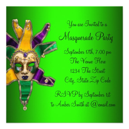 Green Purple Gold Masquerade Party Invitations