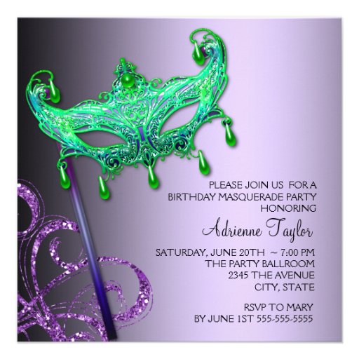 Green Purple Masquerade Party Invitations