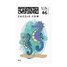 Green & Purple Seahorses in the Ocean Postage