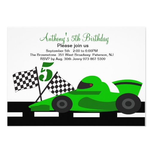 Green Race Car  Boys Fifth Birthday Invitation