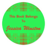 green red plaid bookplate stickers