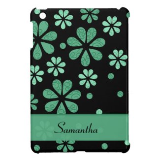 Green Retro Flowers On Black iPad Mini Cases