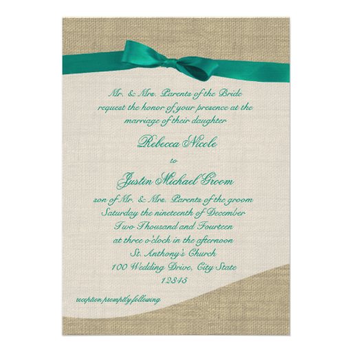 Green Ribbon and Burlap Wedding Invites