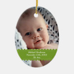 Green ribbon custom photo baby birth statistic christmas tree ornaments