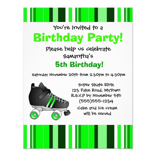 Green Roller Skate Birthday Party - Green Stripe Invites