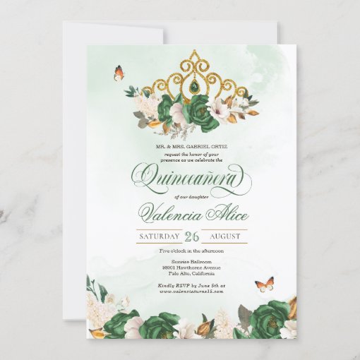 Green Roses Gold Tiara Butterfly Quinceanera Invitation Zazzle