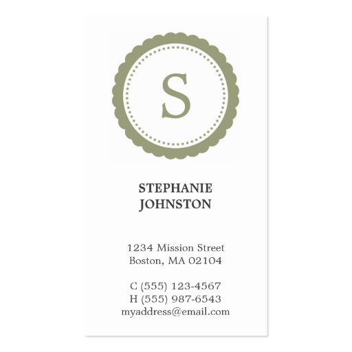 Green rosette monogram elegant personal calling business cards (front side)