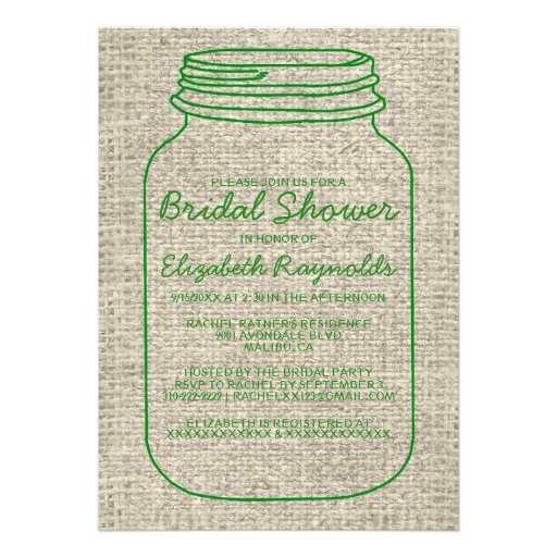 Green Rustic Burlap Mason Jar Bridal Shower Invite