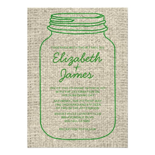 Green Rustic Burlap Mason Jar Wedding Invitations