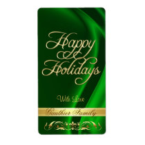 Green Satin Gold Scroll Happy Holidays Wine Label