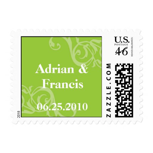 Green scroll save the date wedding postage stamps