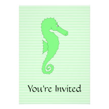 Green Seahorse on Light Green Stripes. Custom Invite