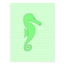 Green Seahorse on Light Green Stripes. Postcard