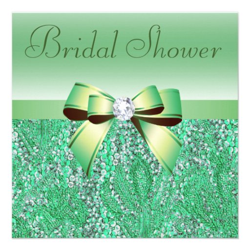 Green Sequins, Bow & Diamond Bridal Shower Custom Invitation