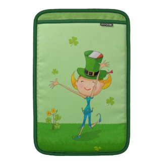 Green Shamrock Clovers & Elves with Leprechaun Hat MacBook Sleeve